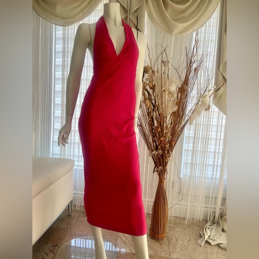 Hot Pink Ribbed Halter Midi Dress Open Back Bodycon Summer Party Date Night Look